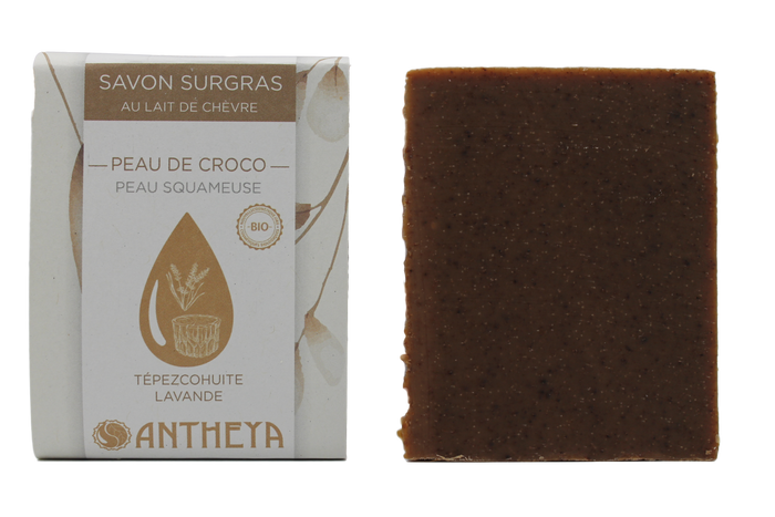 Antheya -- Savon lait de chèvre/tépezcohuite - peau de croco ou squameuse (bande papier) - 100 g