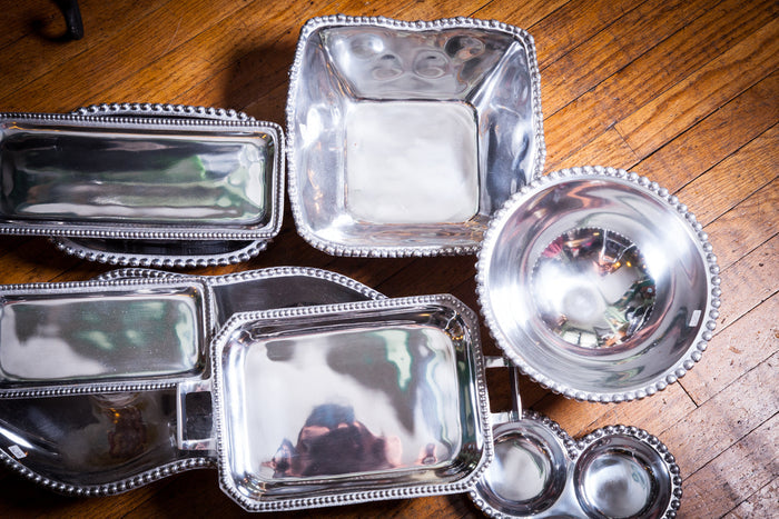 Beaded Metal Tray With Three Serving Bowls