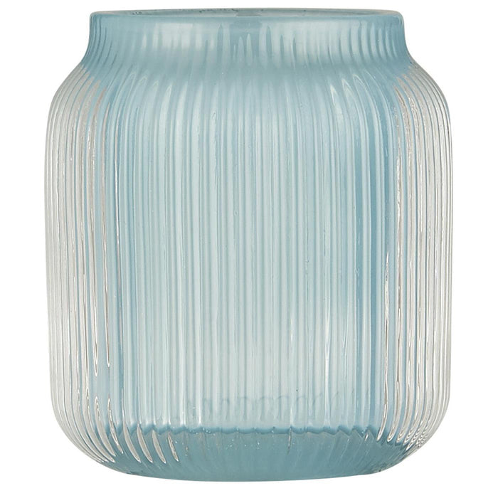 Teelichtglas mit feinen Riffeln eisblau